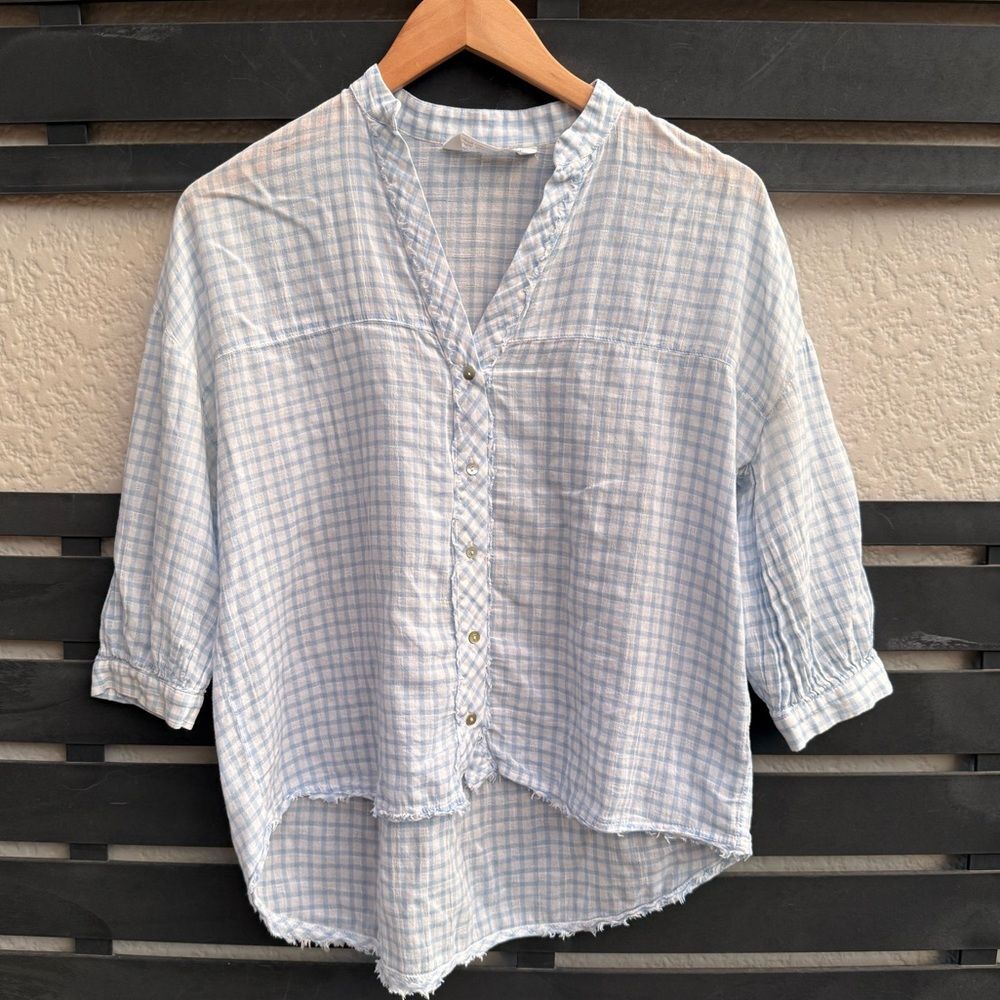 Zara Basic Lightweight Gingham Check Button Front Blouse in Light Blue/White |XS